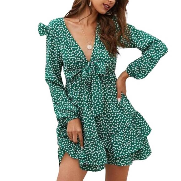 New Green and white polka dot  long sleeve mini dress. Deep V neck. Size Small - Picture 1 of 7